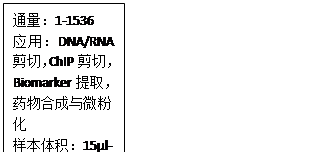文本框: 通量：1-1536 应用：DNA/RNA 剪切，ChIP剪切，Biomarker提取，药物合成与微粉化 样本体积：15μl-1ml 功率：2.5-500W 温度控制：内置温控系统，温度范围4℃~37℃ 自动化整合：高度自动化 