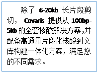 文本框: 除了6-20kb长片段剪切， Covaris 提供从100bp-5kb的全套核酸解决方案，并配备高通量片段化核酸到文库构建一体化方案，满足您的不同需求。